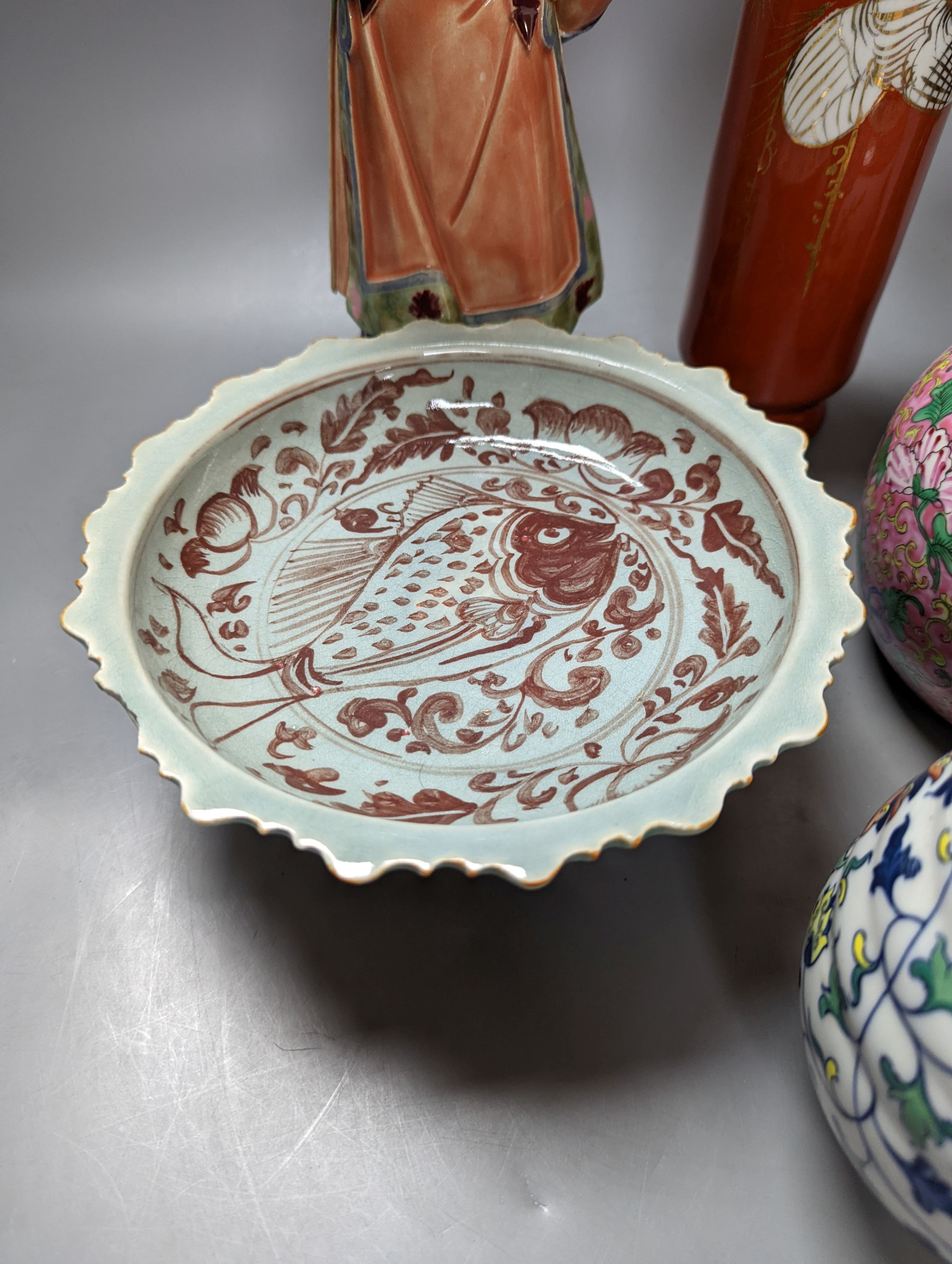 A Chinese porcelain figure group, four vases and a stem dish. Tallest 33cm